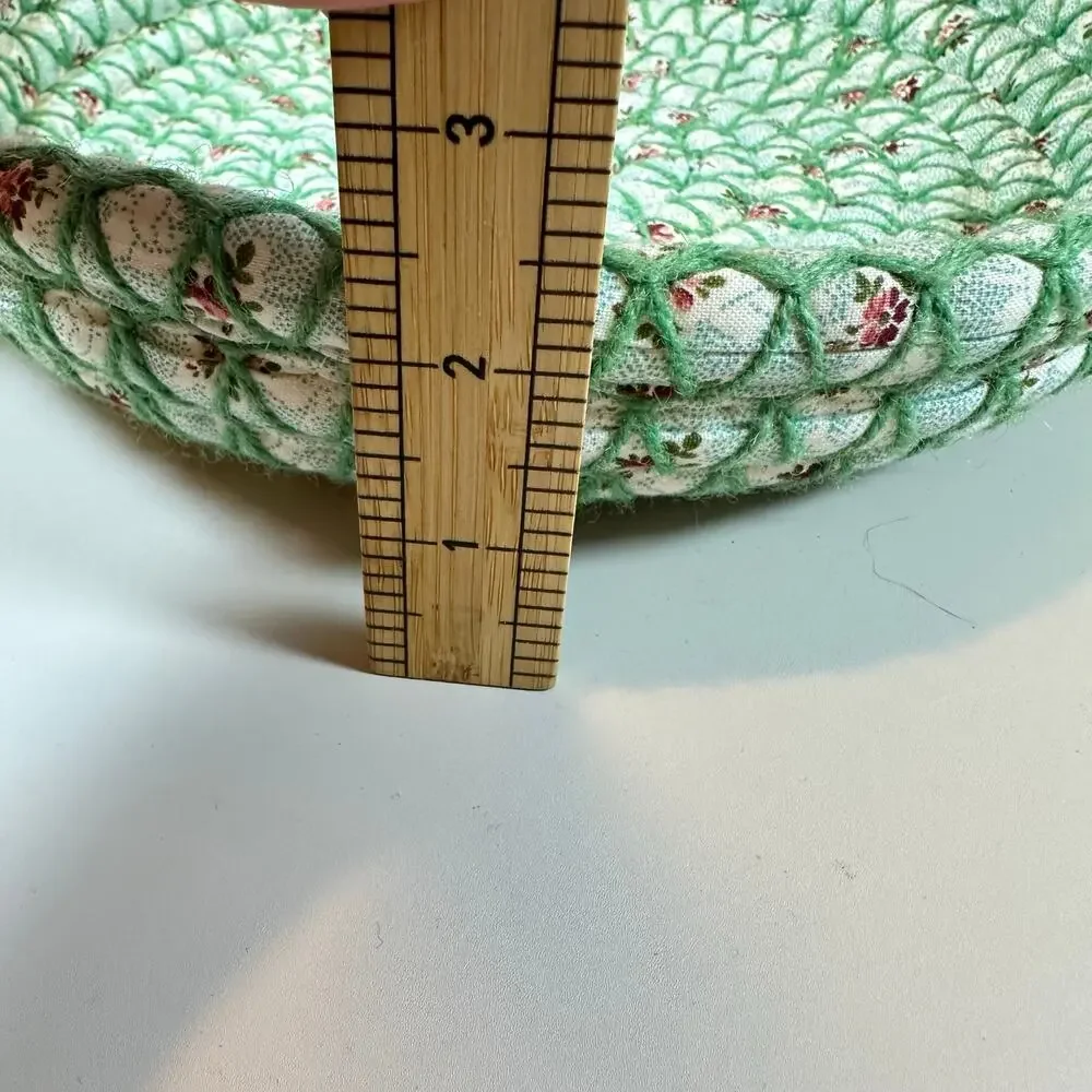 Woven Coiled Fabric Bread Bun Basket Handles Green Floral Rustic Shabby Chic